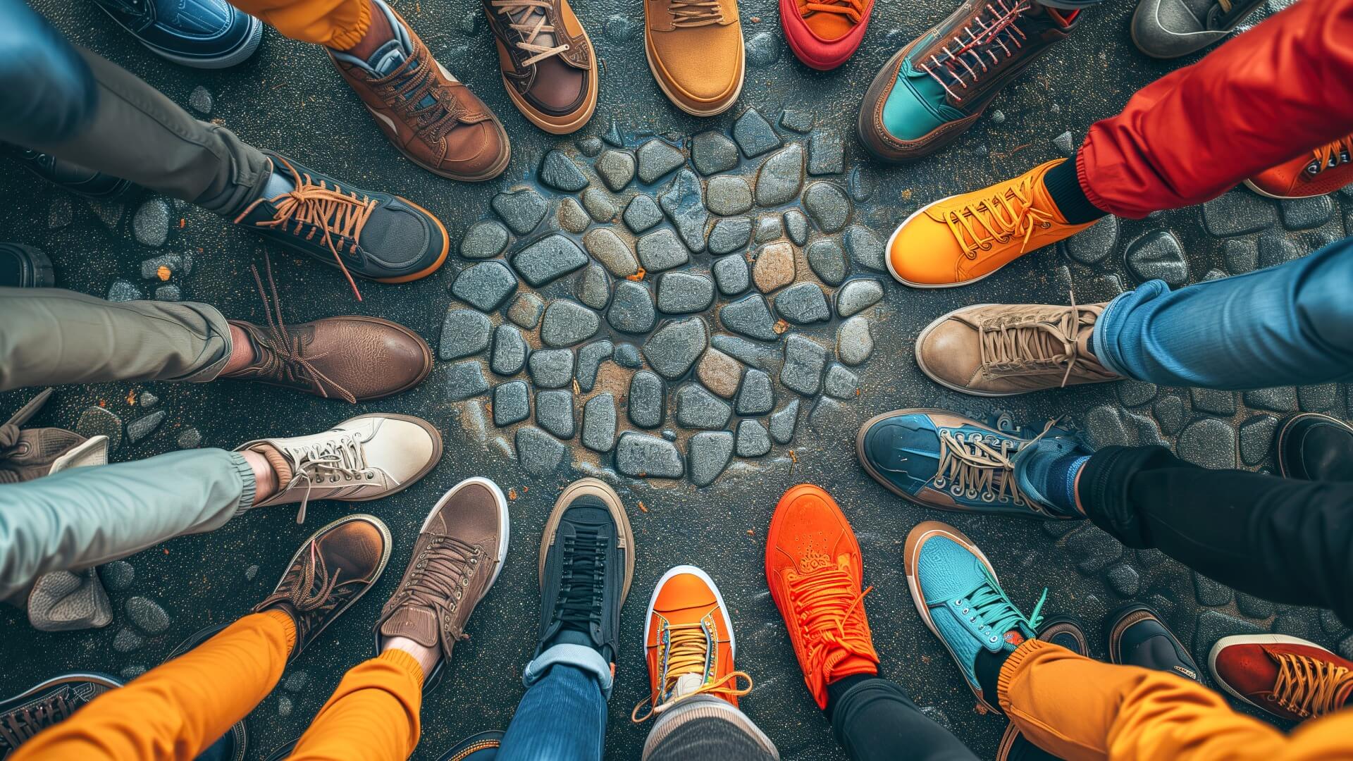 Verschiedene bunte Sportschuhe in einem Kreis auf einem gepflasterten Boden