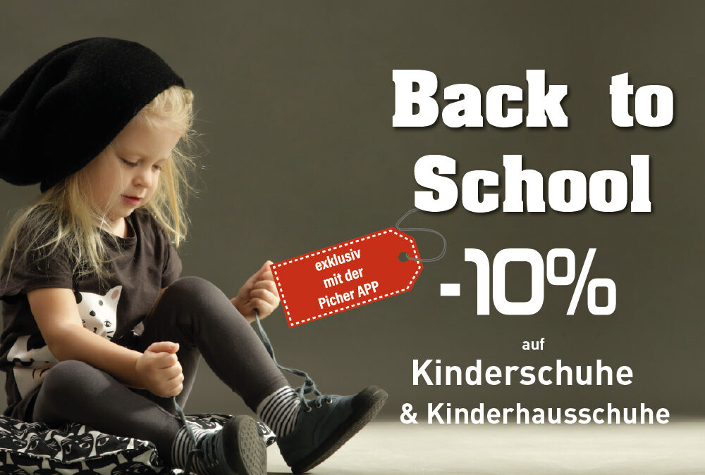 Werbegrafik mit Mädchen beim Schuhe binden: 10 Prozent Rabatt auf Kinderschuhe und Kinderhausschuhe, exklusiv mit der Picher App.