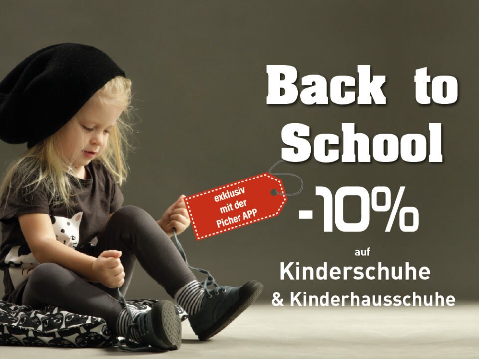 Werbegrafik mit Mädchen beim Schuhe binden: 10 Prozent Rabatt auf Kinderschuhe und Kinderhausschuhe, exklusiv mit der Picher App.