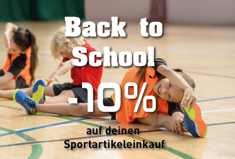 Werbegrafik mit Kindern beim Dehnen in einer Sporthalle: 10 Prozent Rabatt auf den Sportartikeleinkauf zum Schulstart.