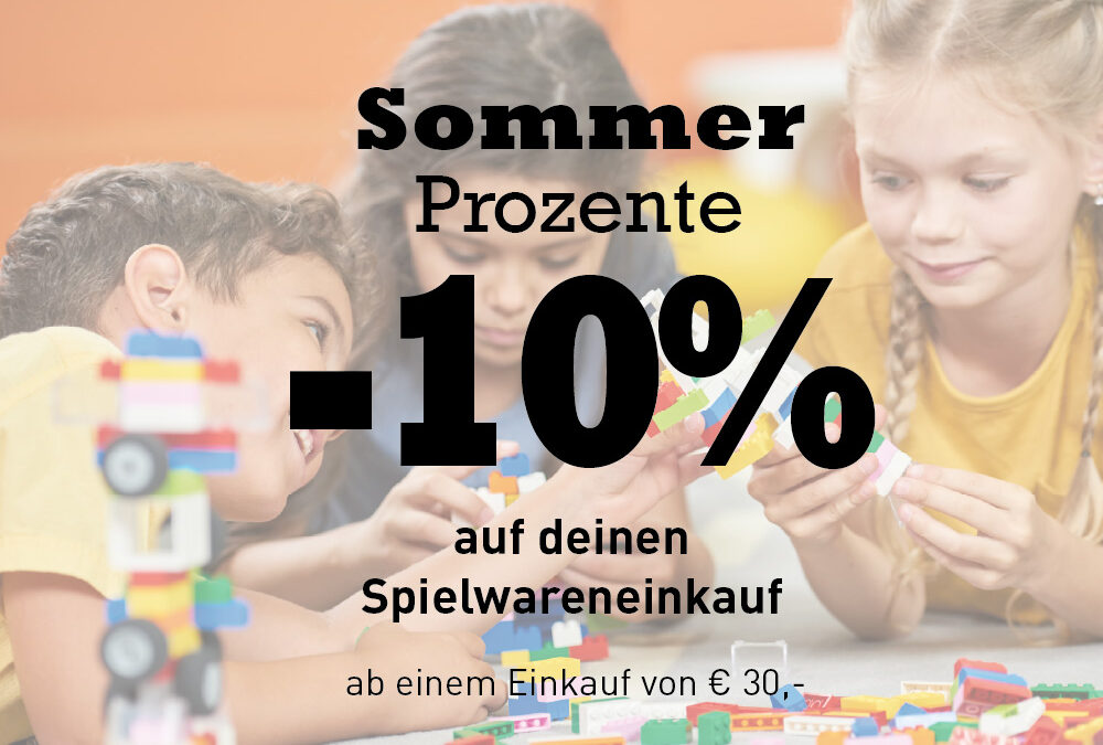 Werbegrafik mit spielenden Kindern und bunten Bausteinen: 10 Prozent Rabatt auf den Spielwareneinkauf ab einem Einkaufswert von 30 Euro.
